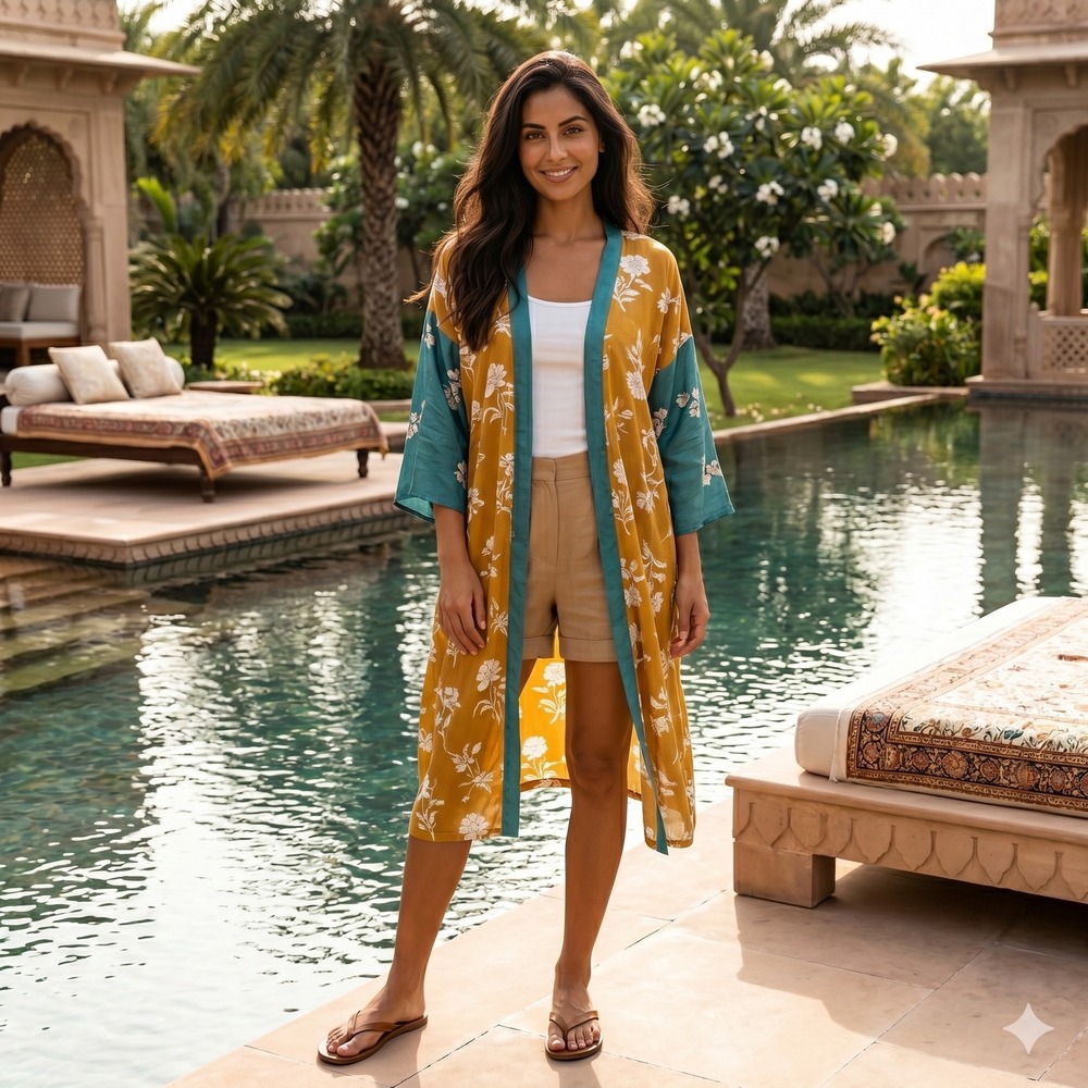 Love Token Yellow Teal Floral Crane Floral Print Kimono Duster Size XS